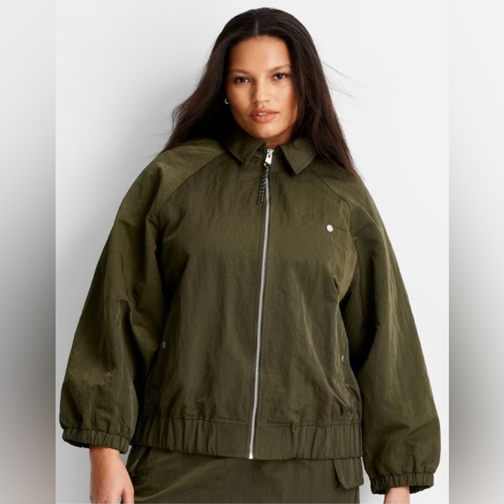 NWOT Future Collective Oversized Bomber Jacket
Size Medium Dark Olive Academia